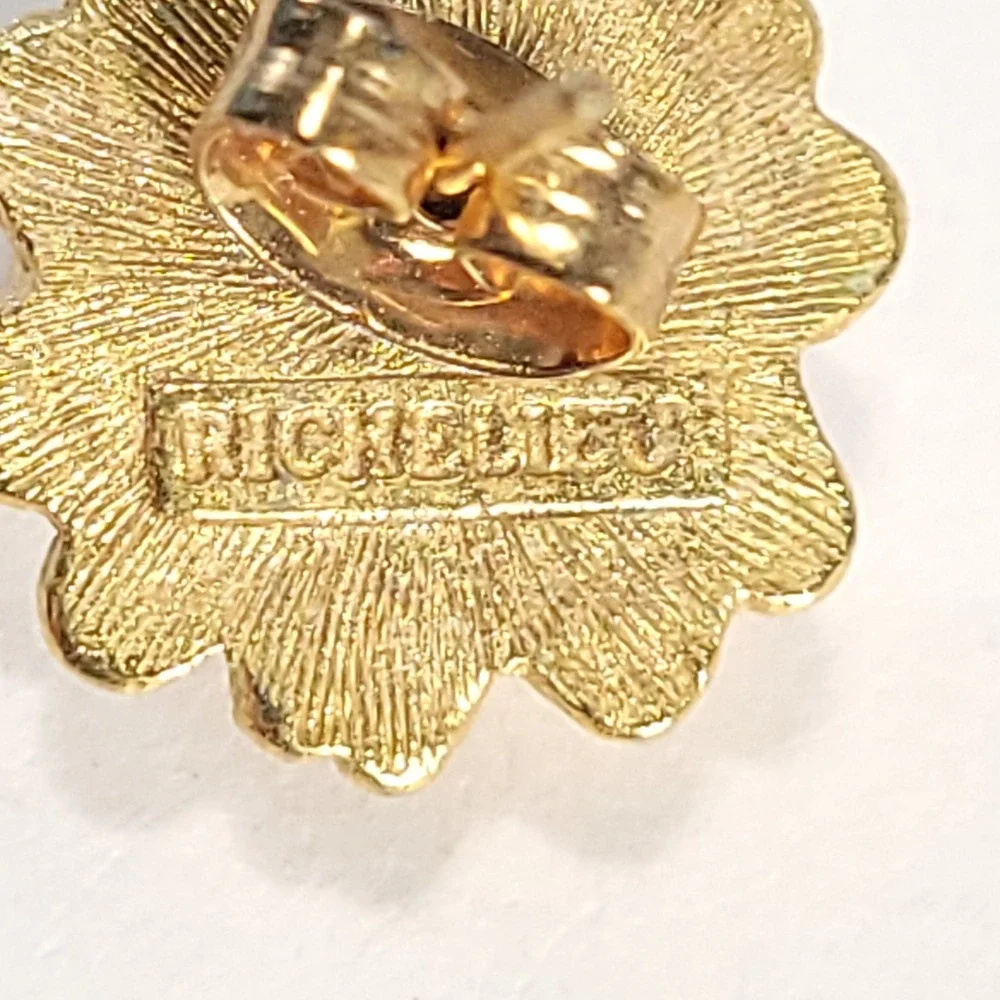 Richelieu Stud Earrings Gold Tone Faux Pearl Floral Rose Vintage Jewelry